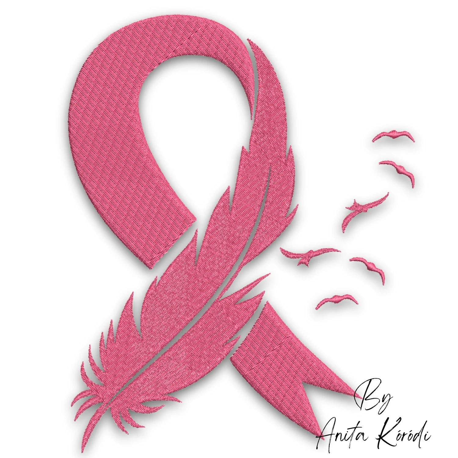 Breast cancer awareness ribbon embroidery design with feather and flying birds