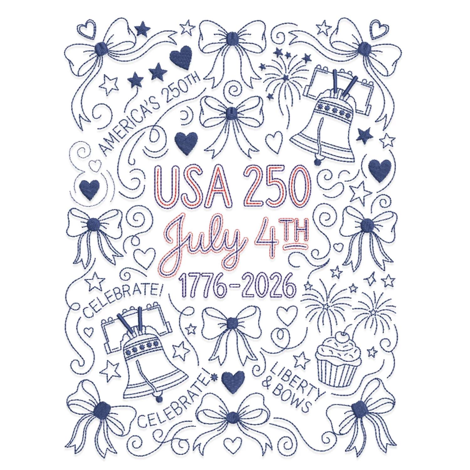 USA 250 July 4th embroidery design detail bows hearts fireworks