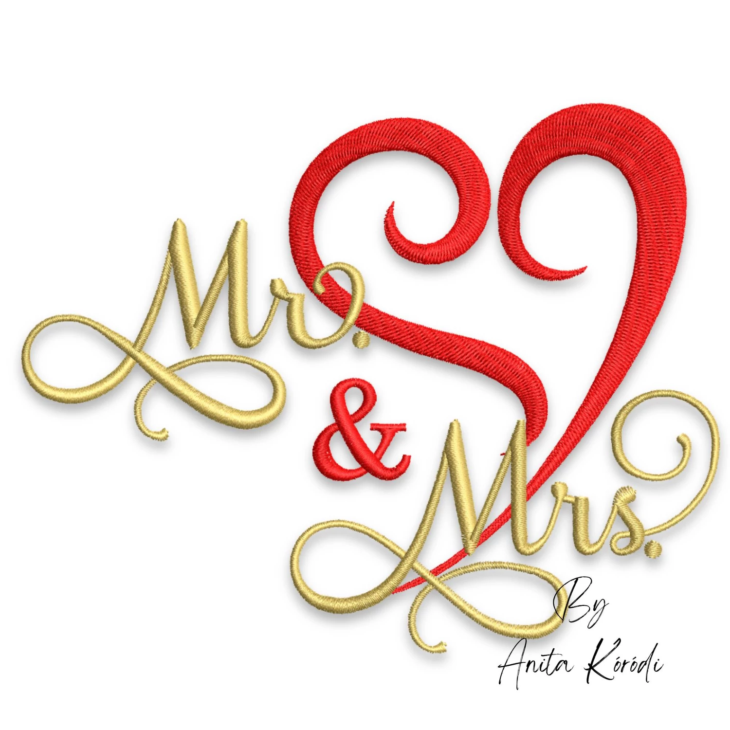 Mr & Mrs embroidery design with romantic heart for wedding and anniversary projects