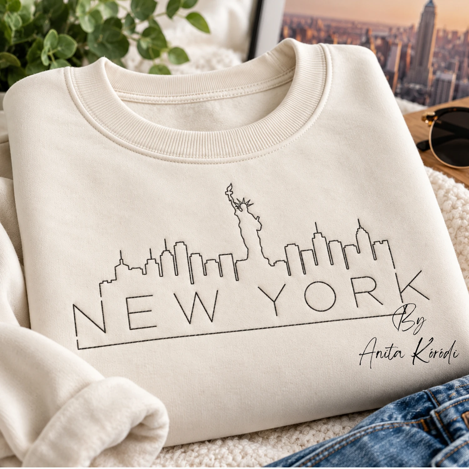 New York skyline outline machine embroidery design with Statue of Liberty