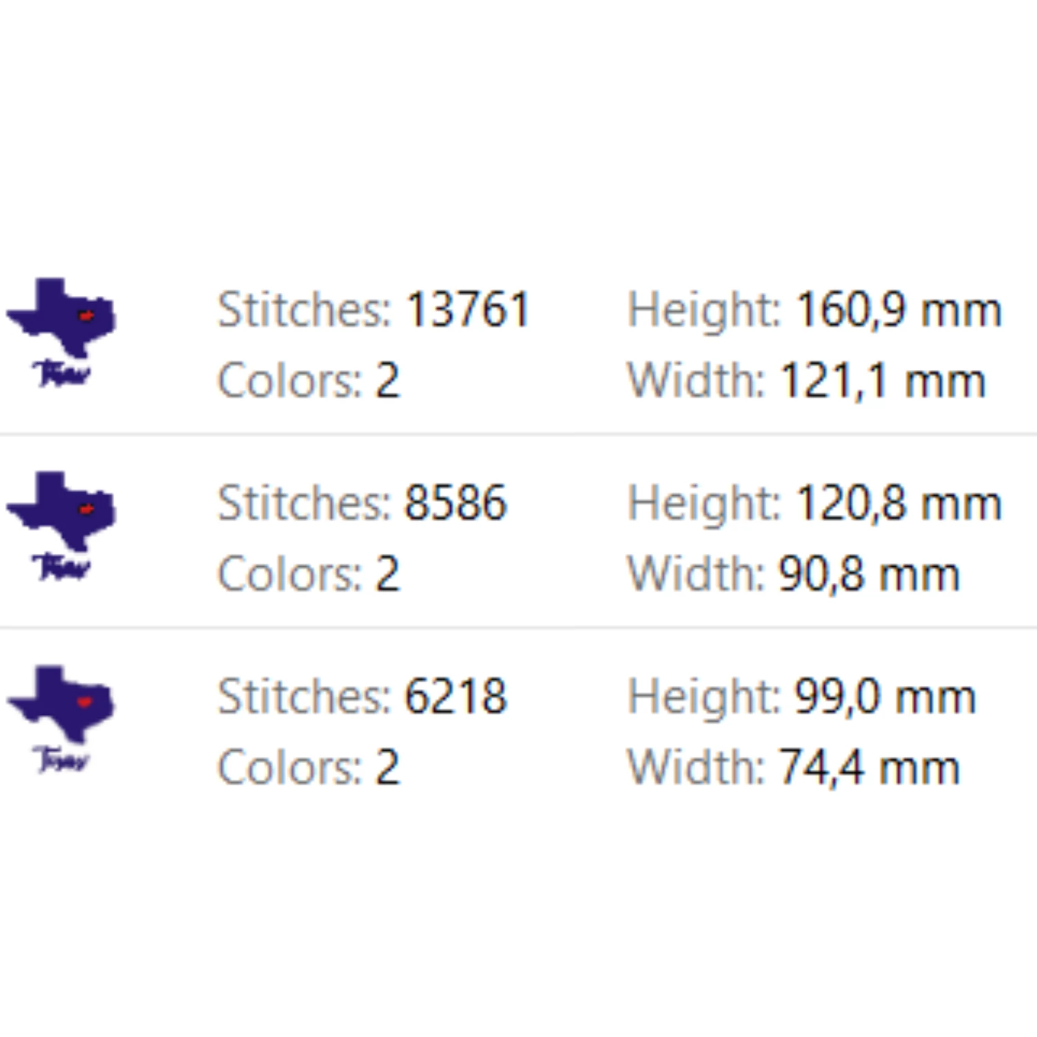 Texas embroidery design with purple state silhouette, red heart accent and elegant cursive Texas lettering
