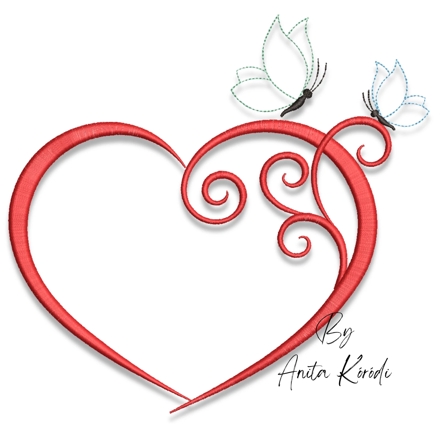 heart frame embroidery design with butterflies