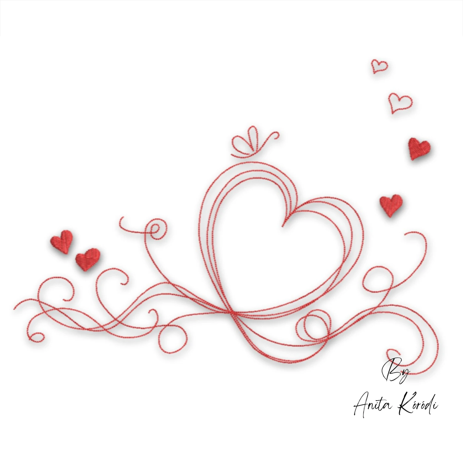 Heart ornament embroidery design with decorative swirls and floating hearts machine embroidery file