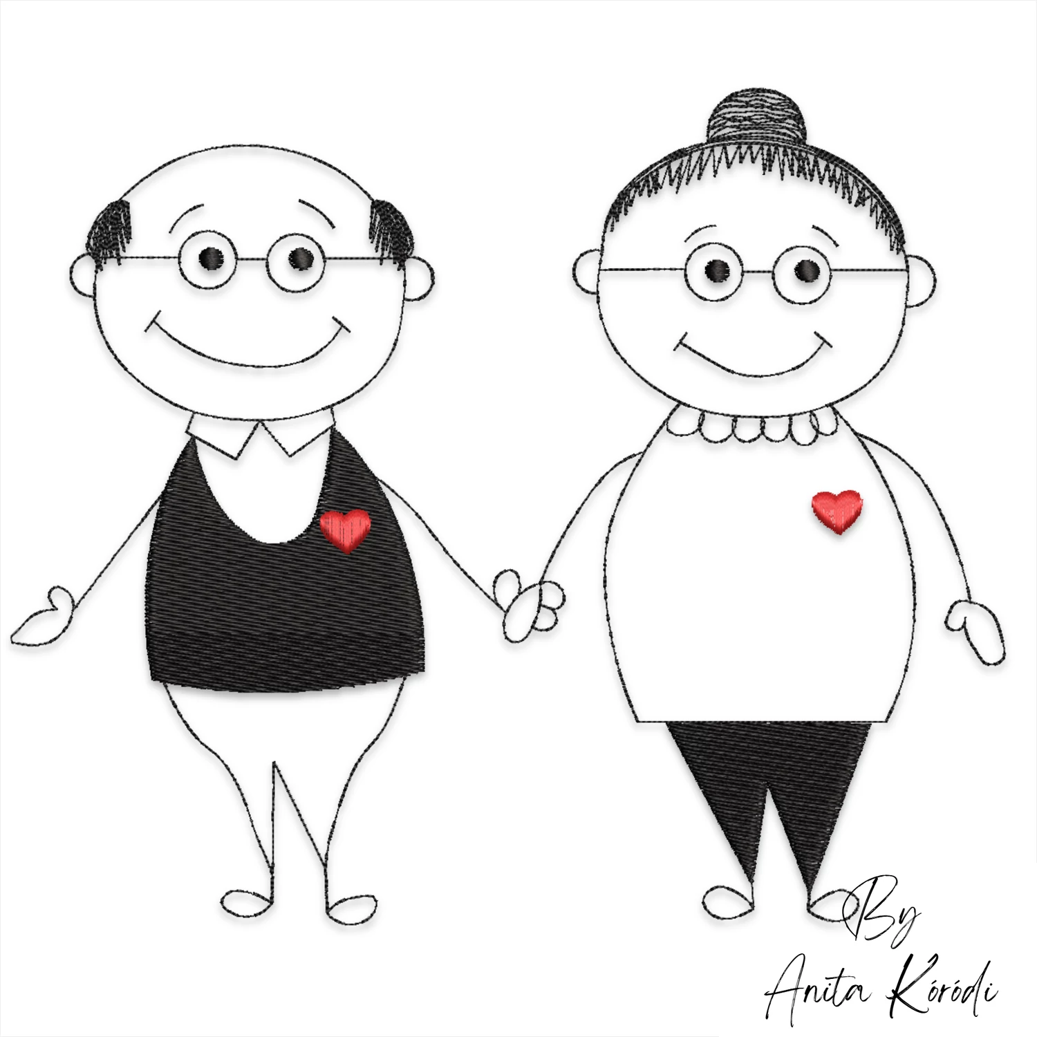 Senior couple embroidery design with smiling grandmother and grandfather holding hands and red heart accents.