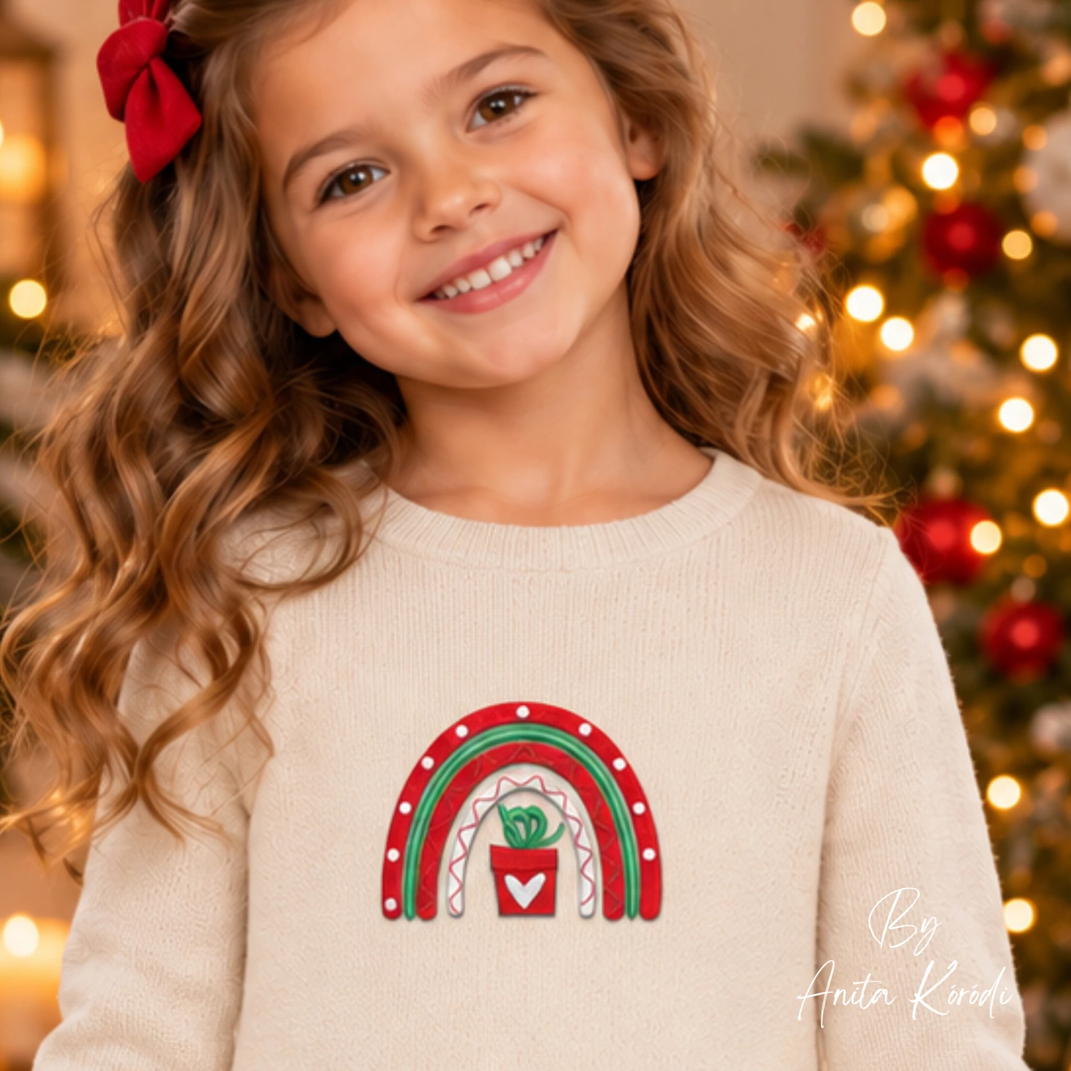 Christmas boho rainbow machine embroidery design with heart flowerpot