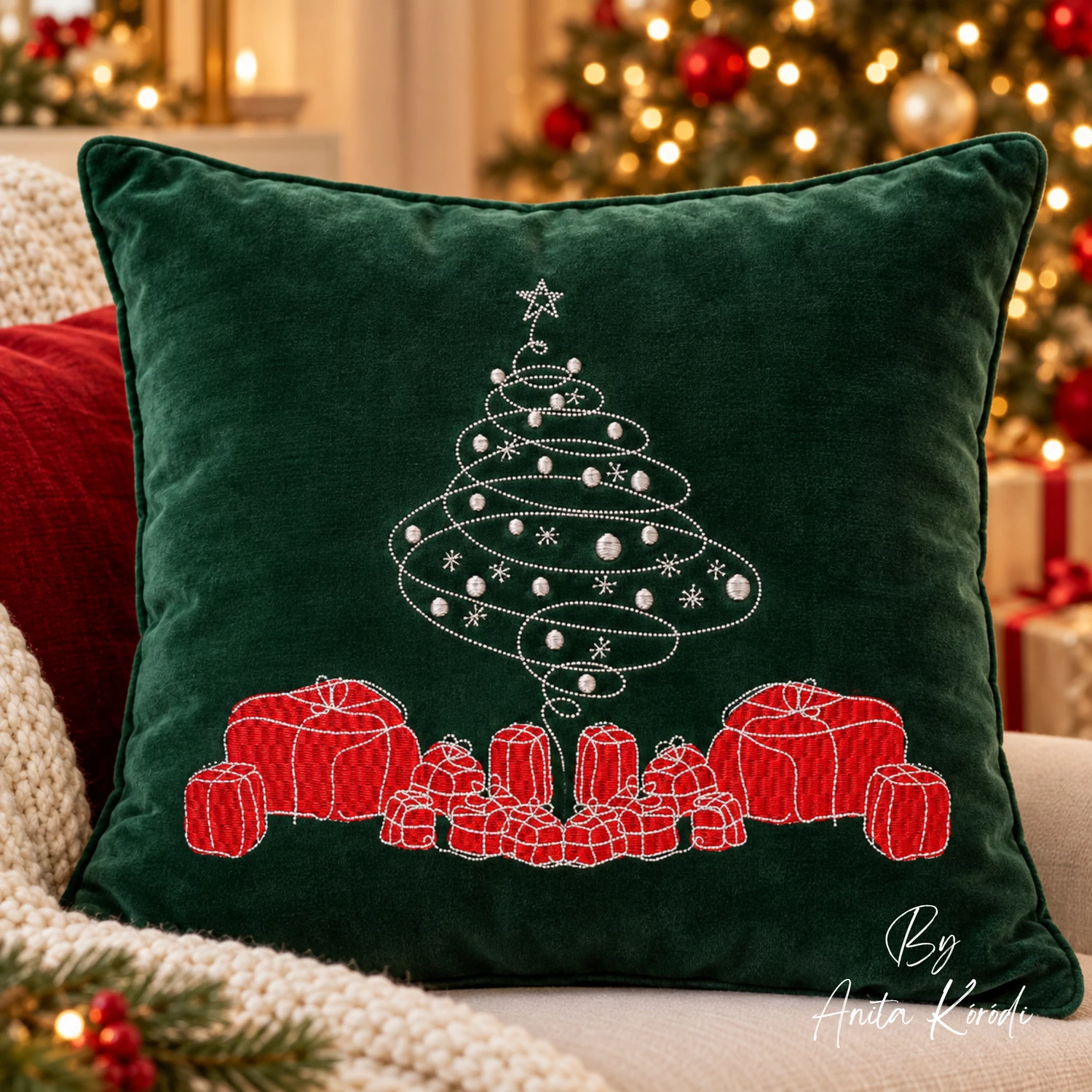 Christmas tree machine embroidery design with red wrapped gifts