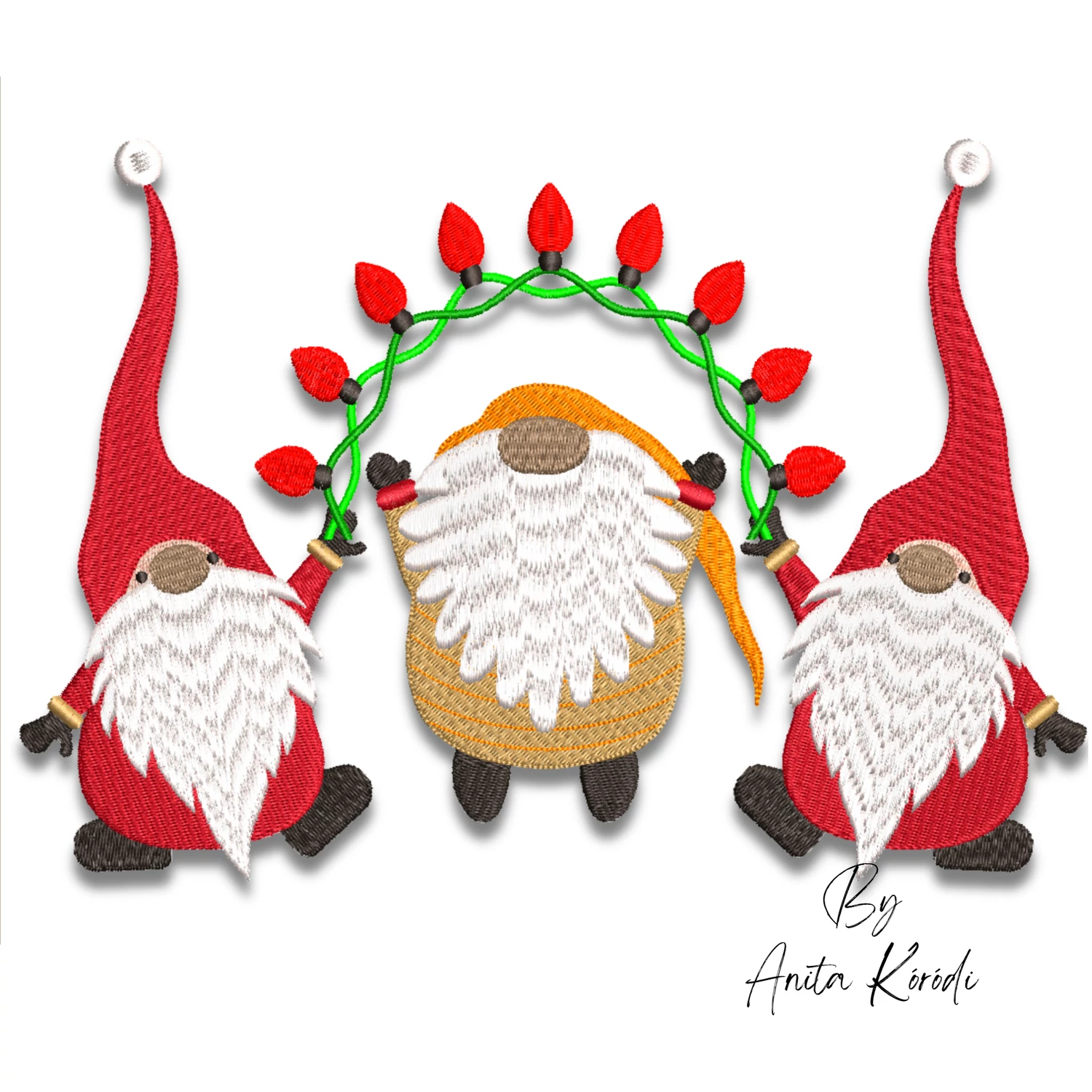 Three Christmas gnomes holding holiday lights machine embroidery design