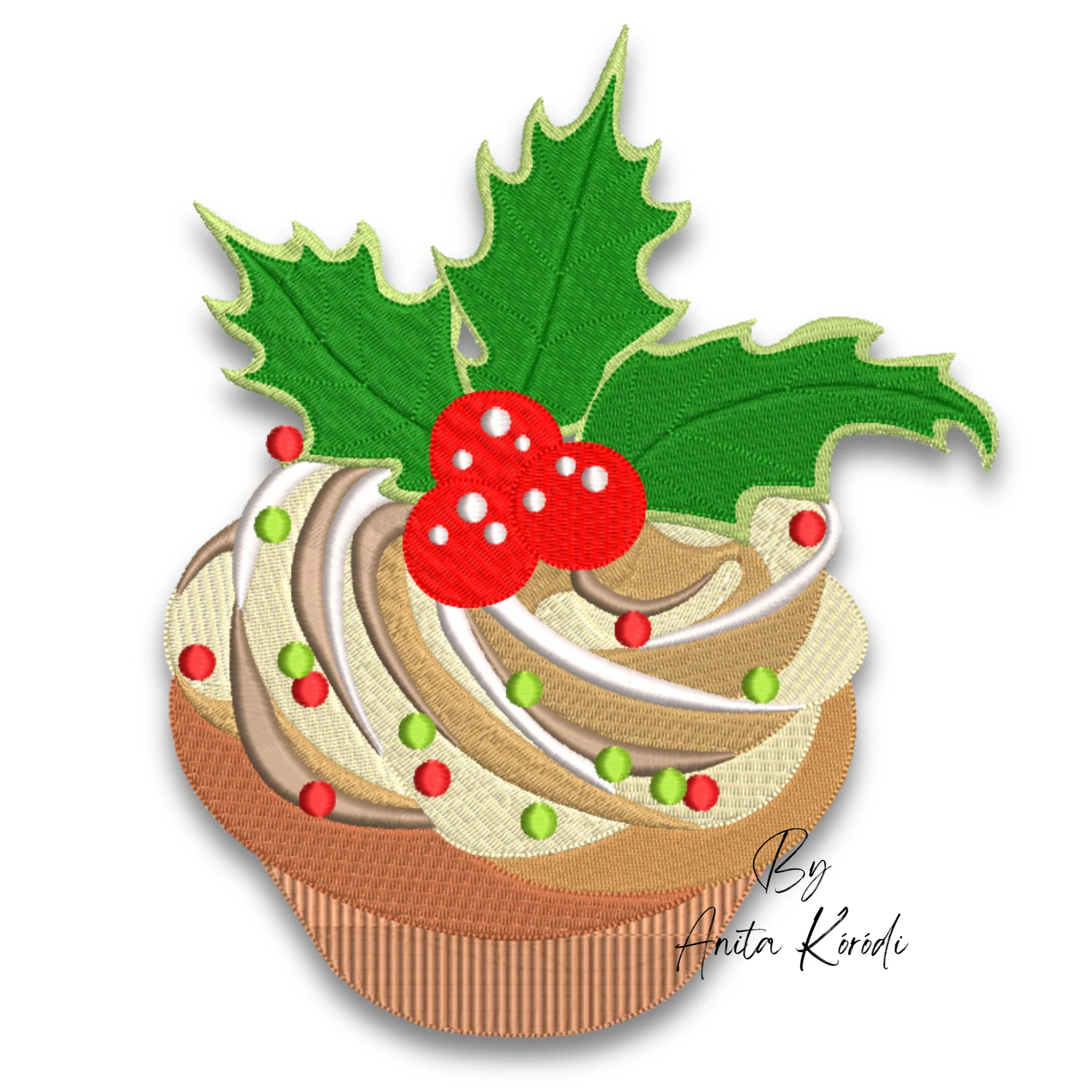 Christmas holly cupcake machine embroidery design
