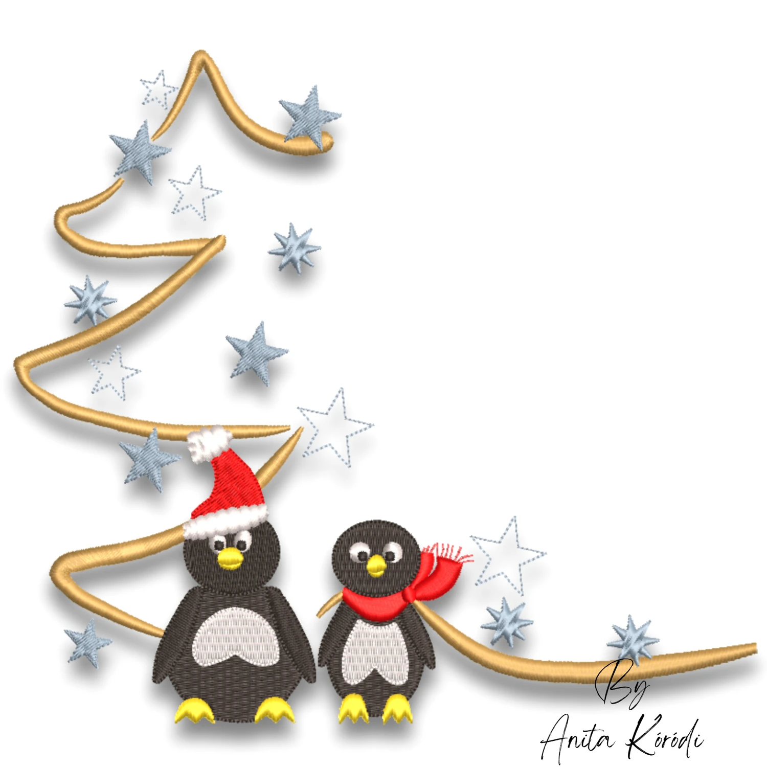Christmas penguins with tree machine embroidery design
