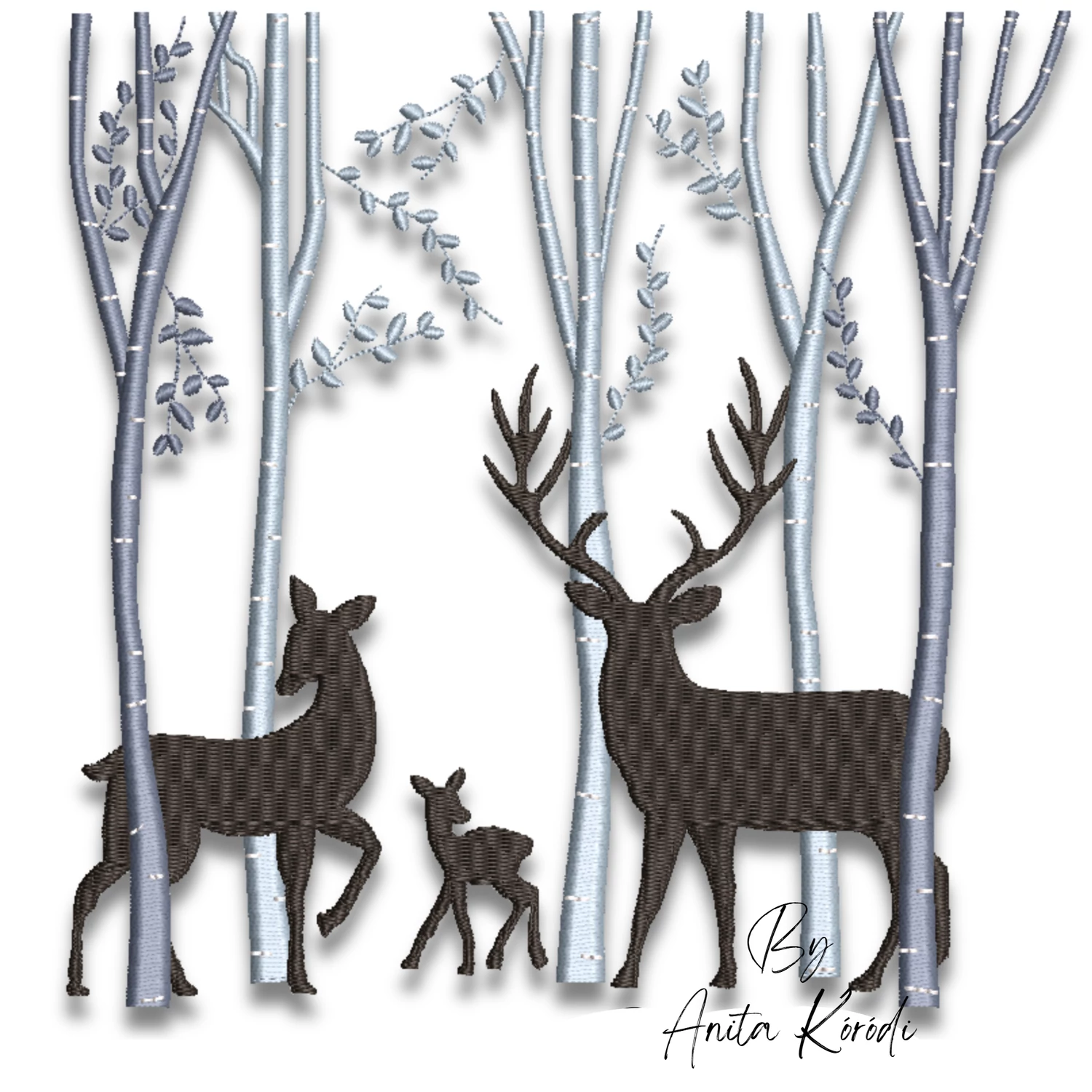 Stag doe and fawn woodland embroidery design on a decorative pillow