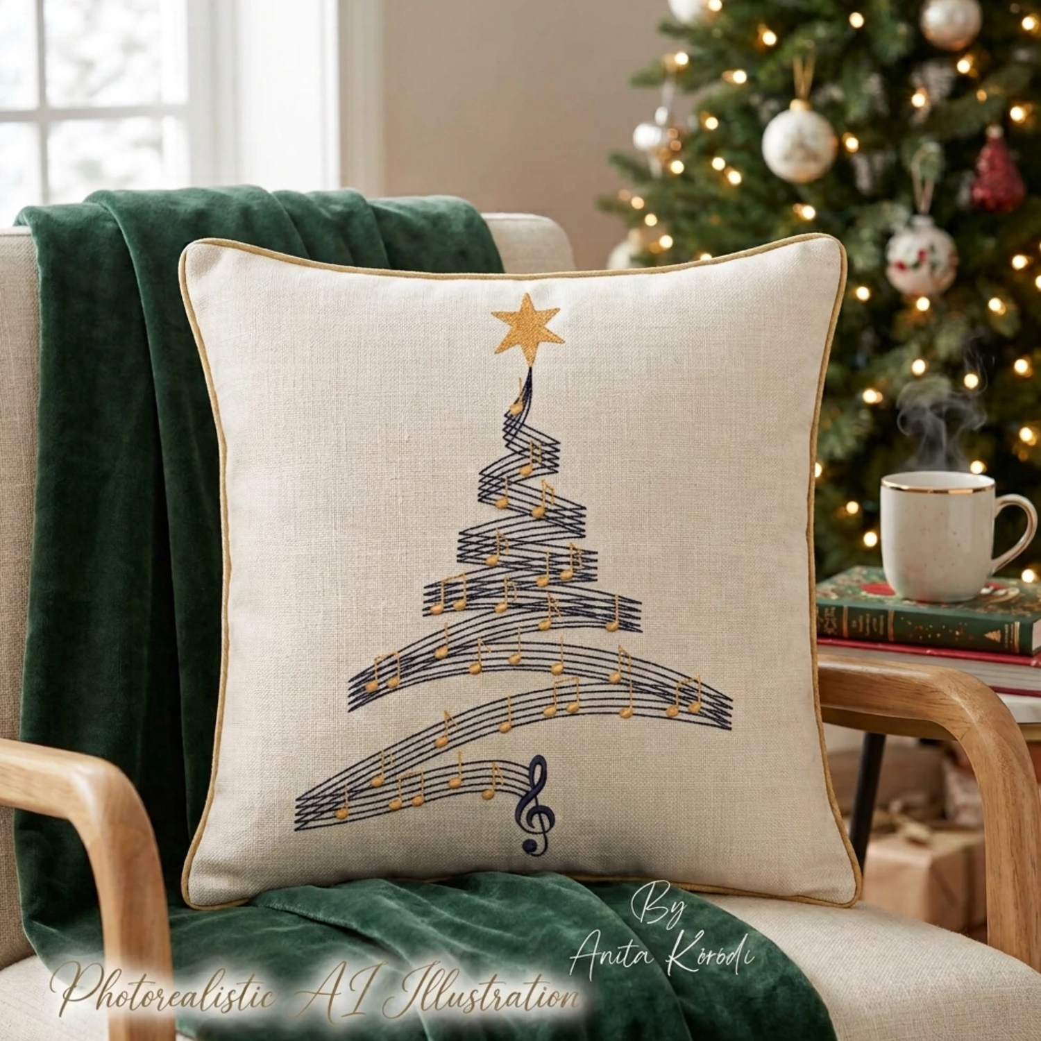 Musical Christmas tree machine embroidery design with golden notes