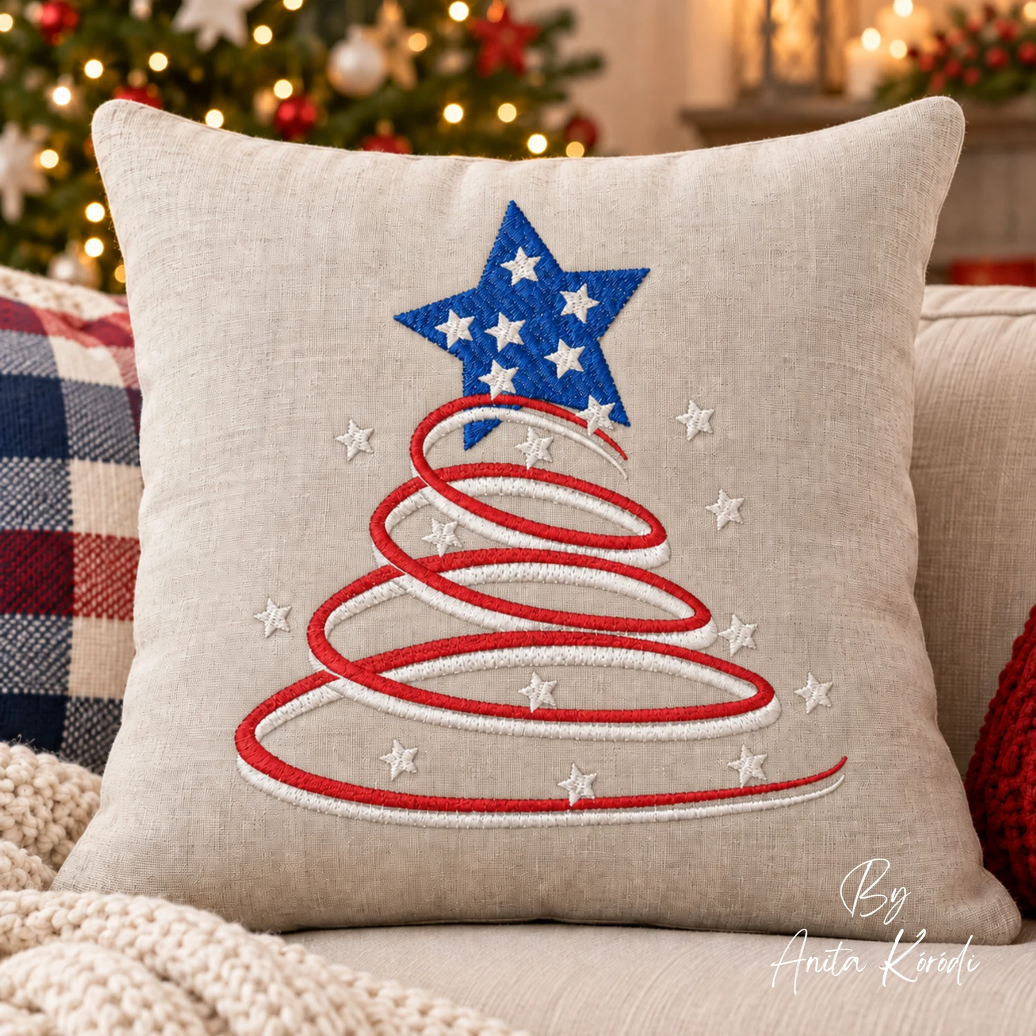 USA Christmas tree machine embroidery design in red white and blue
