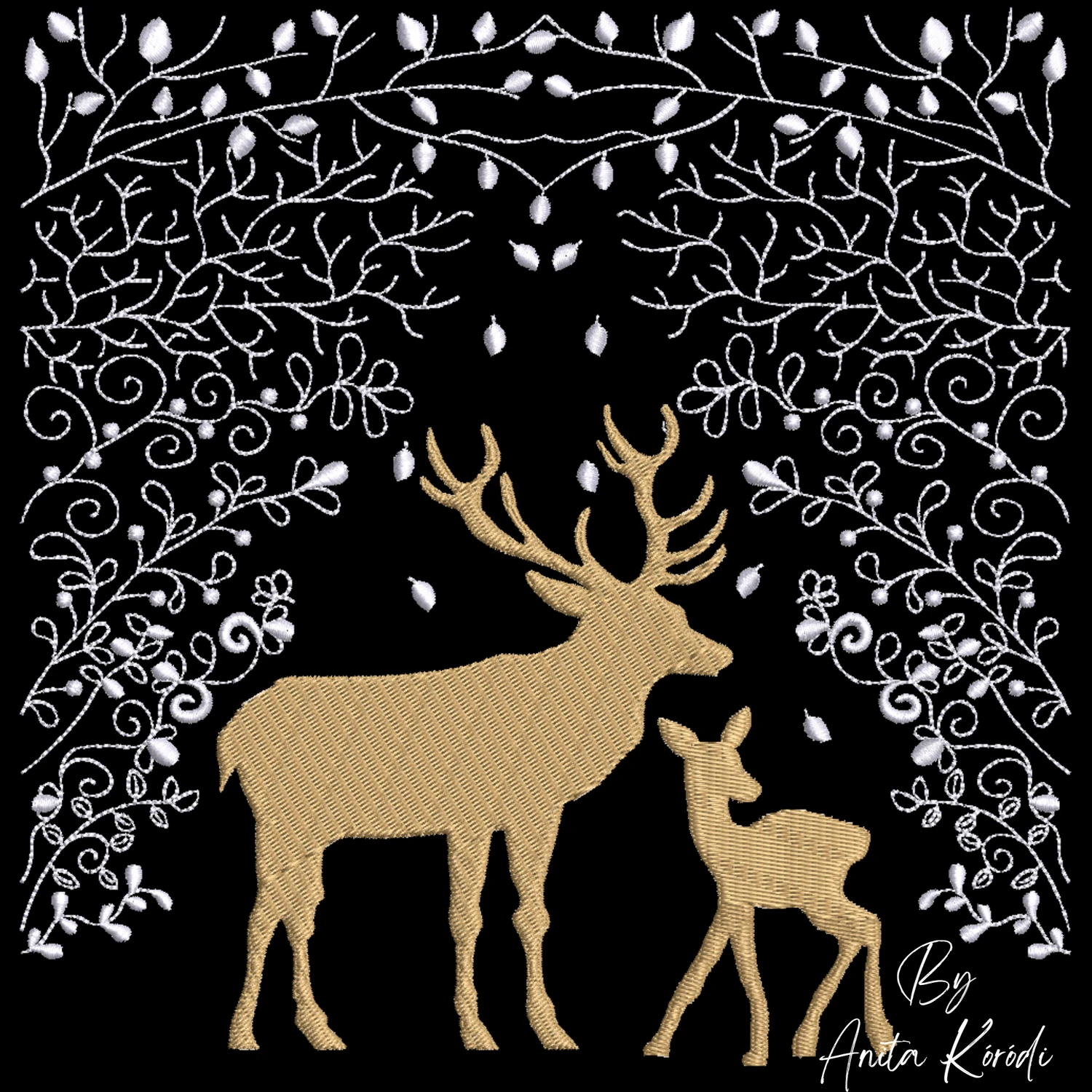 Winter deer and fawn machine embroidery design with decorative branches