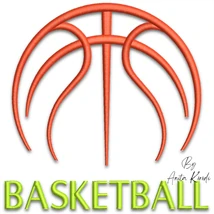 Basketball outline machine embroidery design with orange basketball graphic and green BASKETBALL lettering