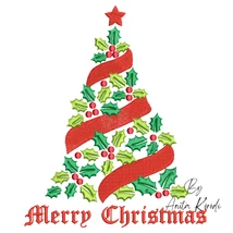 Merry Christmas holly tree embroidery design with ribbon and berries