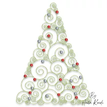 Modern spiral Christmas tree embroidery design with red and silver ornaments