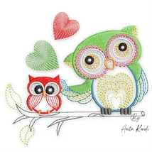 Owl family embroidery design featuring mother and baby owl machine embroidery file