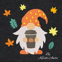 Autumn coffee gnome machine embroidery design with fall leaves