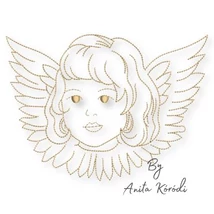 Golden outline angel face embroidery design with wings