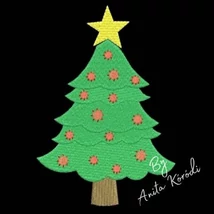 Classic Christmas tree embroidery design with yellow star and red ornaments
