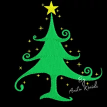 Whimsical green Christmas tree embroidery design with yellow star and sparkling accents