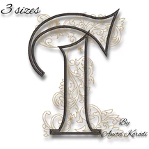 Decorative floral letter T machine embroidery design with ornamental accents