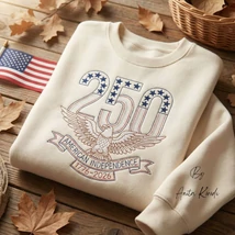250th Independence Day embroidery design with American eagle 1776–2026 stitched on sweatshirt
